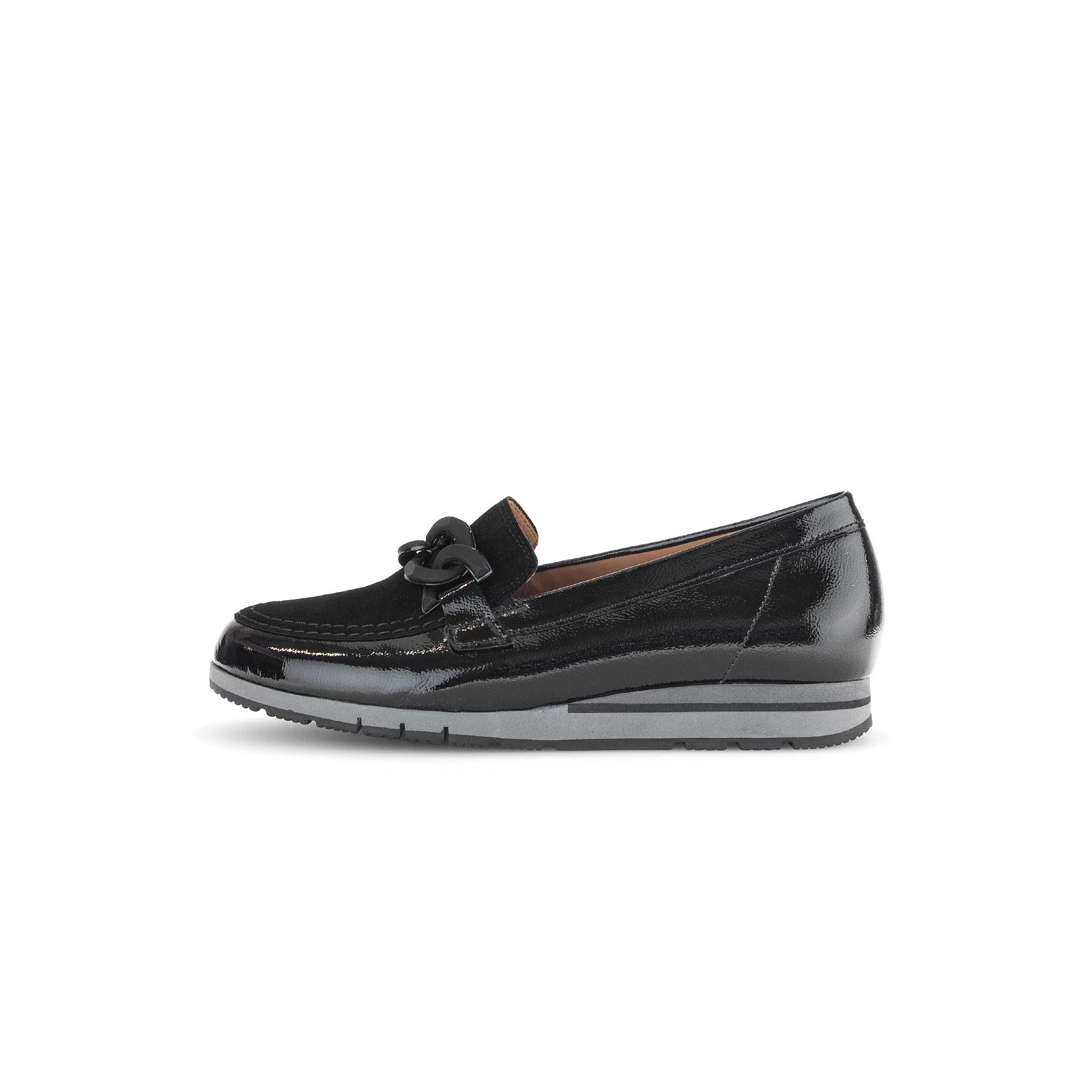 Gabor 72.415.87 Bea black patent leather slip-on loafers for women, stylish and comfortable with decorative bow detail.