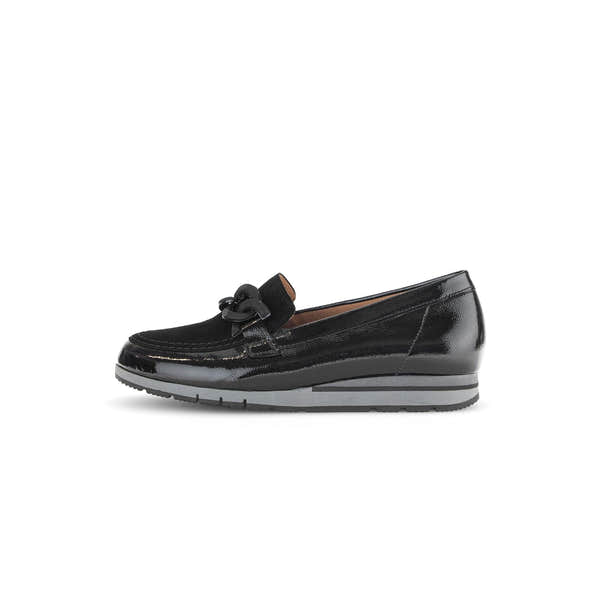Gabor 72.415.87 Bea black patent leather slip-on loafers for women, stylish and comfortable with decorative bow detail.