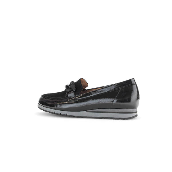 Gabor Ladies Black Patent Leather Slip-On Loafers with decorative buckle, stylish and comfortable for everyday wear.