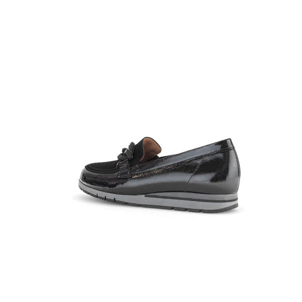 Gabor Bea Ladies Black Patent Leather Slip-On Loafers with bow detail, cushioned sole, and low heel for elegant comfort.