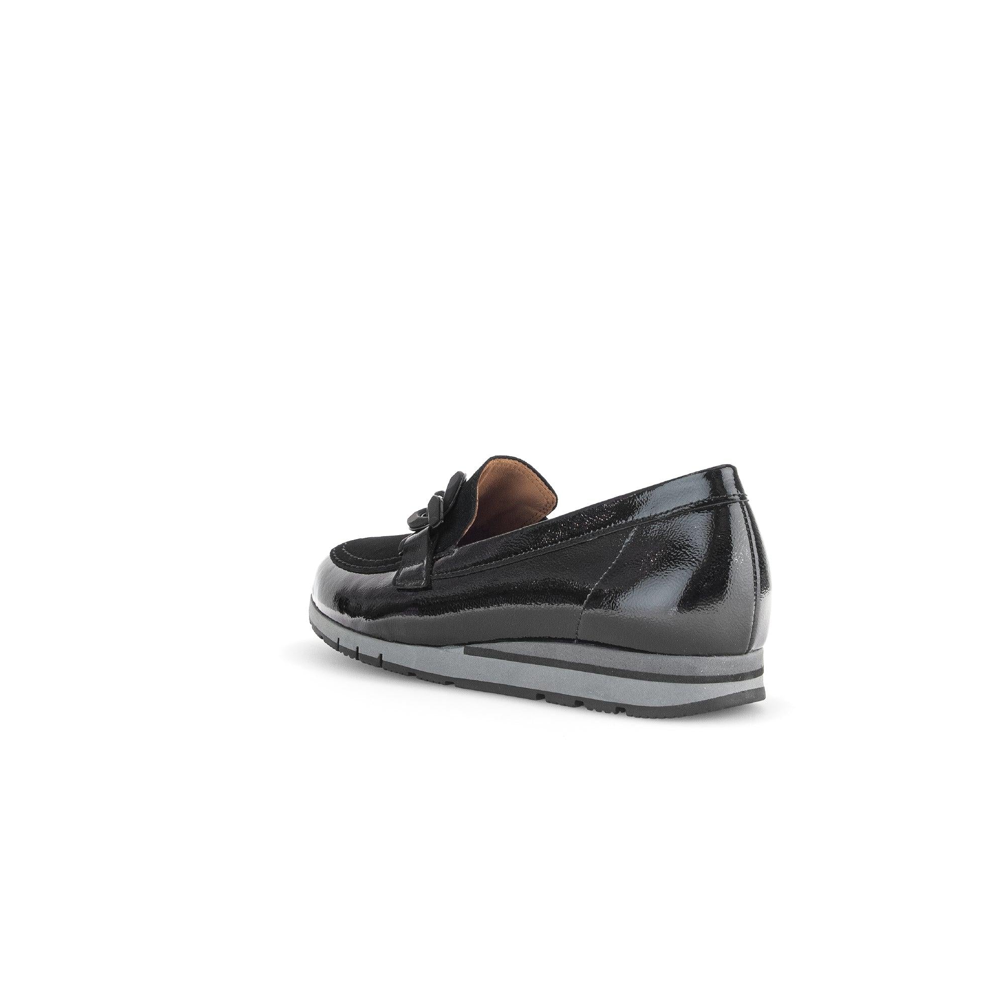 Gabor Bea Ladies Black Patent Leather Slip-On Loafers with Bow Detail and Rubber Sole, stylish and comfortable footwear.