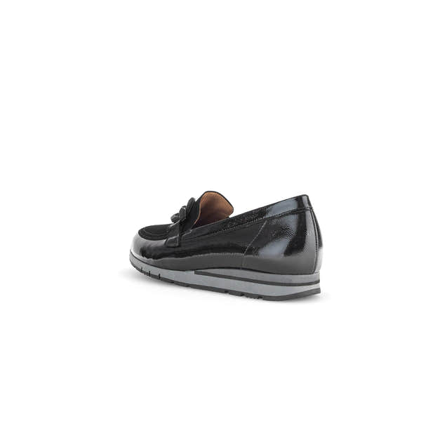 Gabor Bea Ladies Black Patent Leather Slip-On Loafers with Bow Detail and Rubber Sole, stylish and comfortable footwear.
