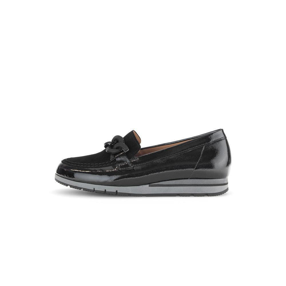 Gabor Bea Ladies Black Patent Leather Slip-On Loafers with Bow Accent, lightweight and stylish comfort footwear.