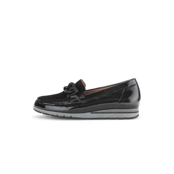 Gabor Bea Ladies Black Patent Leather Slip-On Loafers with Bow Accent, lightweight and stylish comfort footwear.