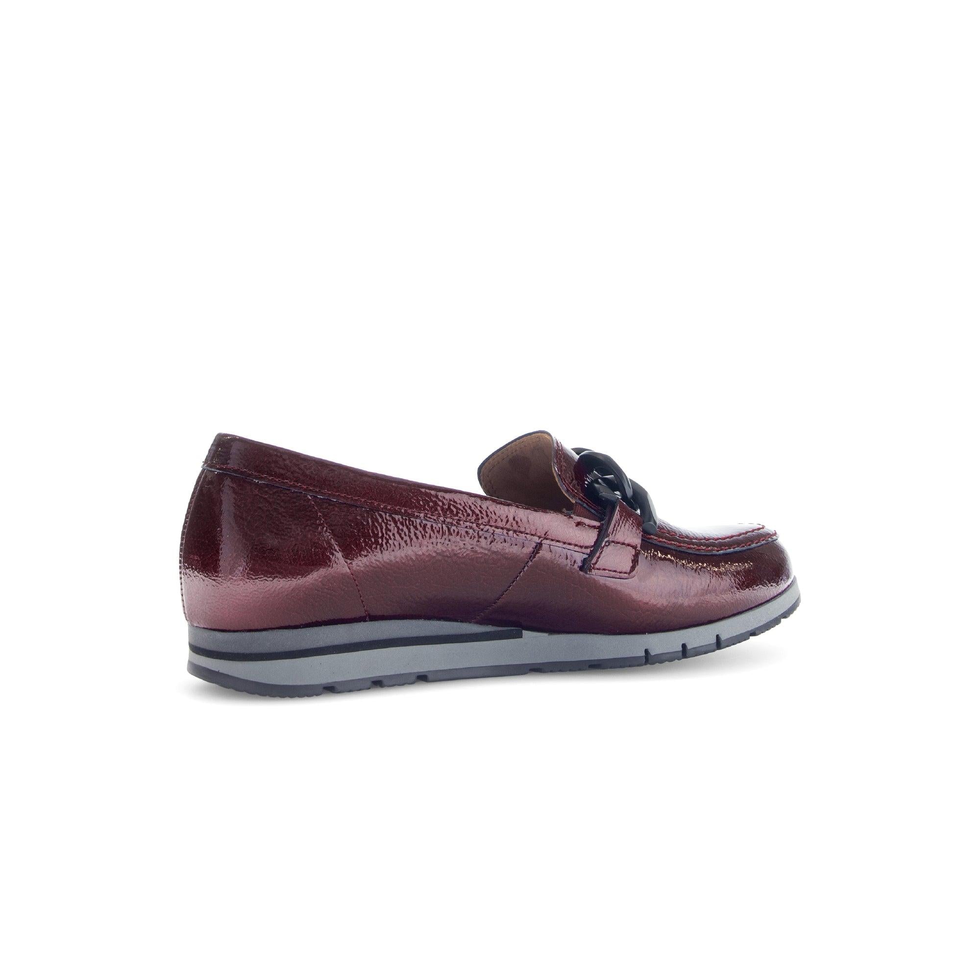 Gabor Bea ladies slip-on loafers in burgundy red and black grained patent leather with a sleek design and comfortable sole.