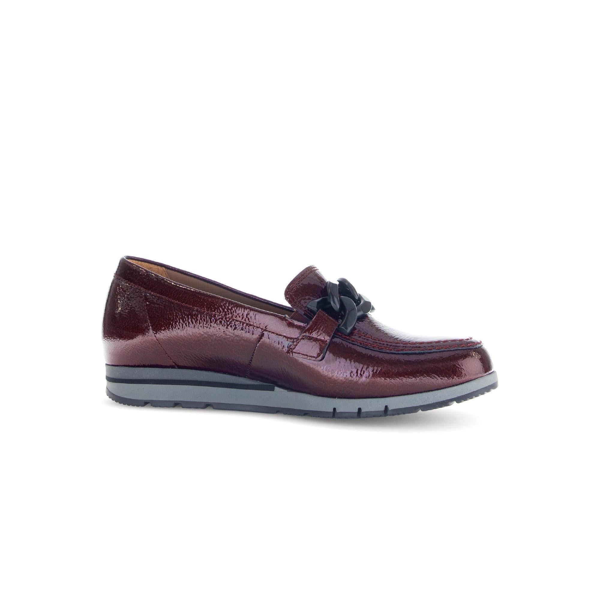 Gabor Burgundy Red & Black Patent Leather Slip-On Loafers for women with bow detail and cushioned sole.