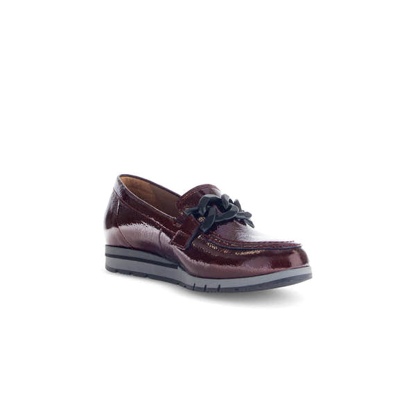 Gabor Bea ladies burgundy red and black grained patent leather slip-on loafers with chain detail and comfortable sole.