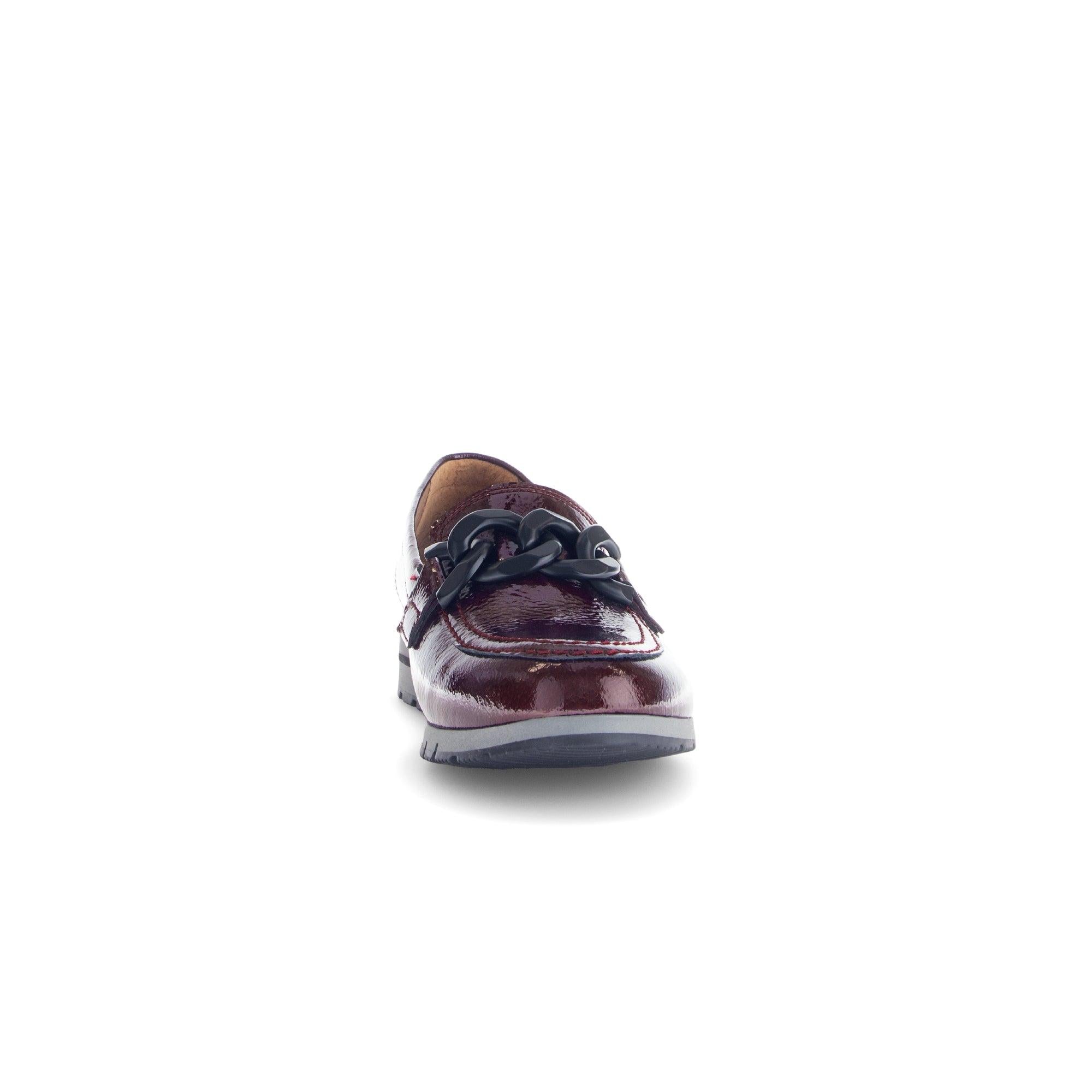Gabor Bea women's burgundy and black patent leather slip-on loafers with chain detail, stylish and comfortable footwear.