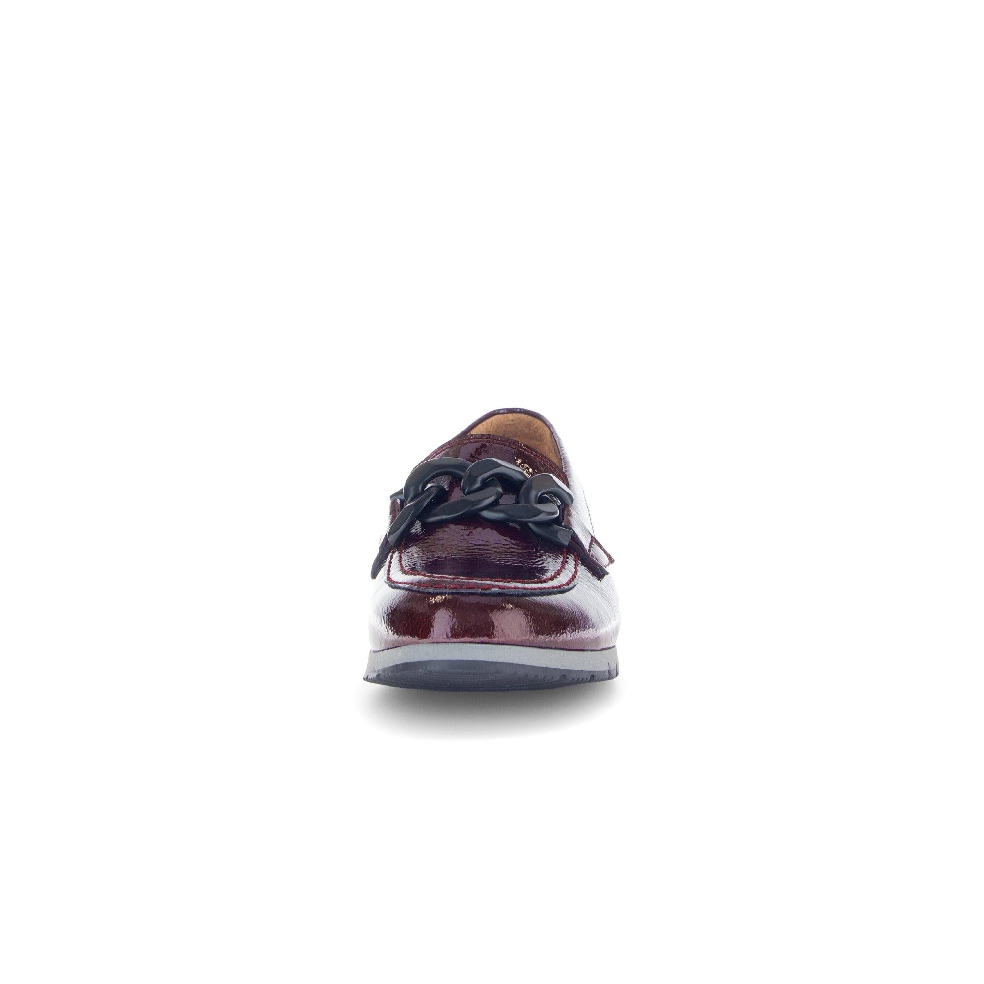 Gabor Bea ladies burgundy red and black patent leather slip-on loafers with chain detail.