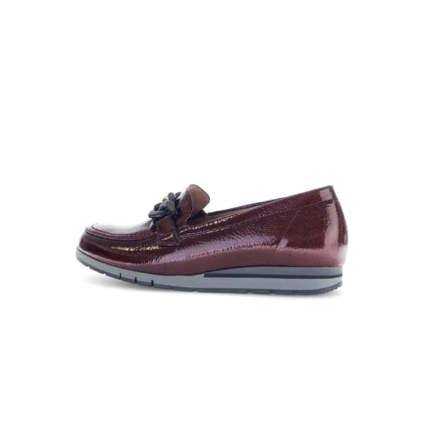 Gabor Bea women's burgundy red and black patent leather slip-on loafers with a bow detail and textured finish.