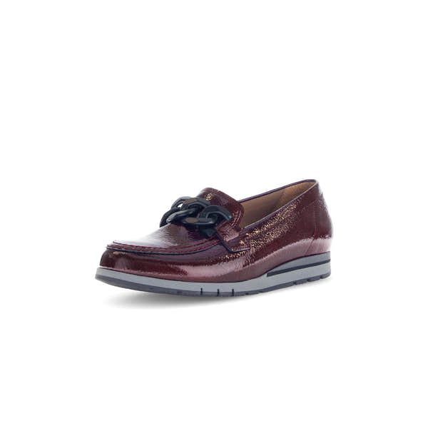 Gabor women's burgundy and black patent leather slip-on loafers with chain detail and cushioned sole.