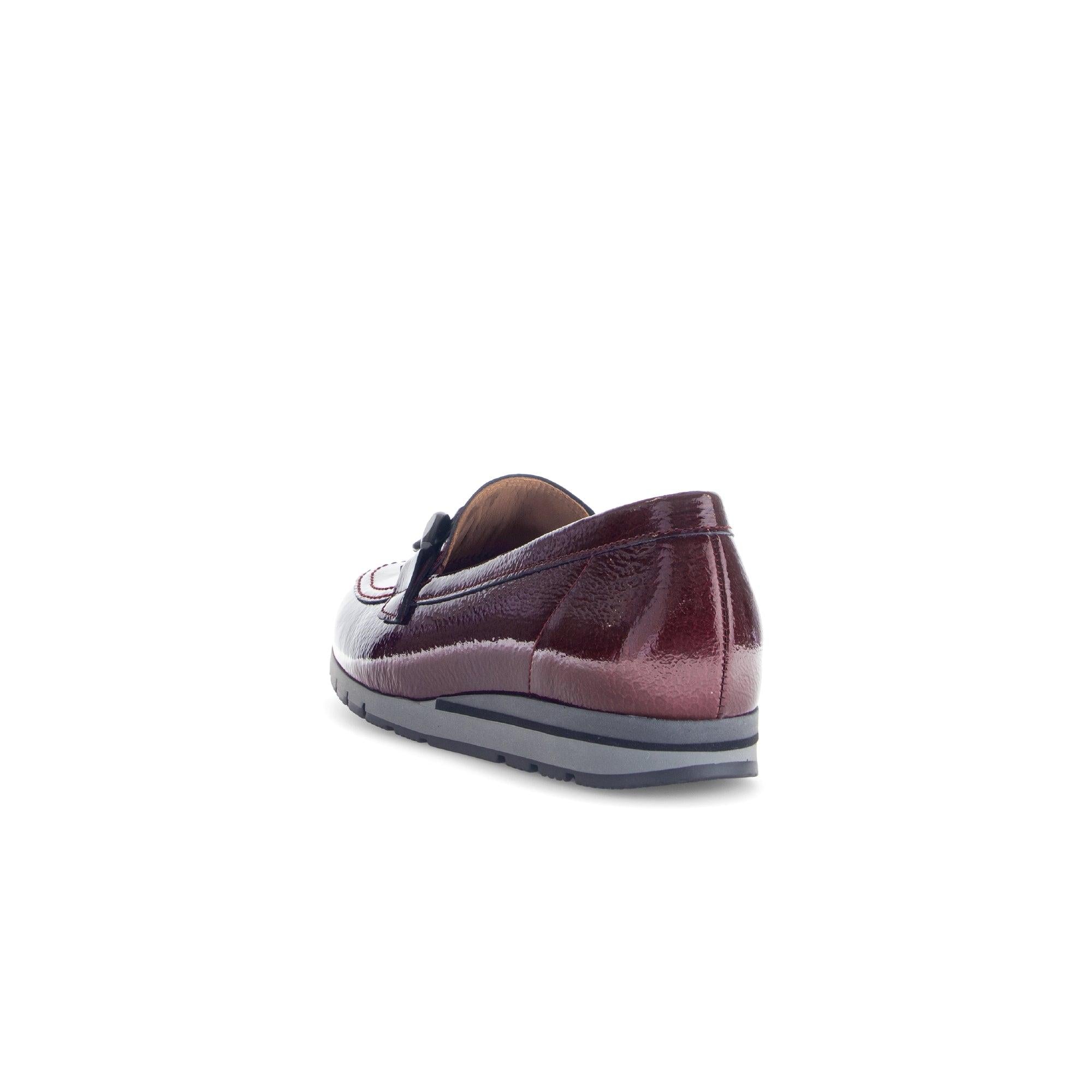 Gabor Ladies Burgundy Red & Black Grained Patent Leather Slip-On Loafers, stylish women's flats with a sleek design.
