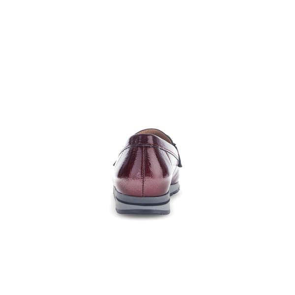 Gabor Bea ladies slip-on loafers in burgundy red and black grained patent leather, with a sleek low heel and rounded toe.