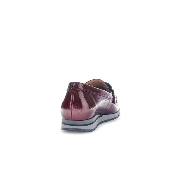 Gabor ladies burgundy red and black grained patent leather slip-on loafers with a comfortable sole.