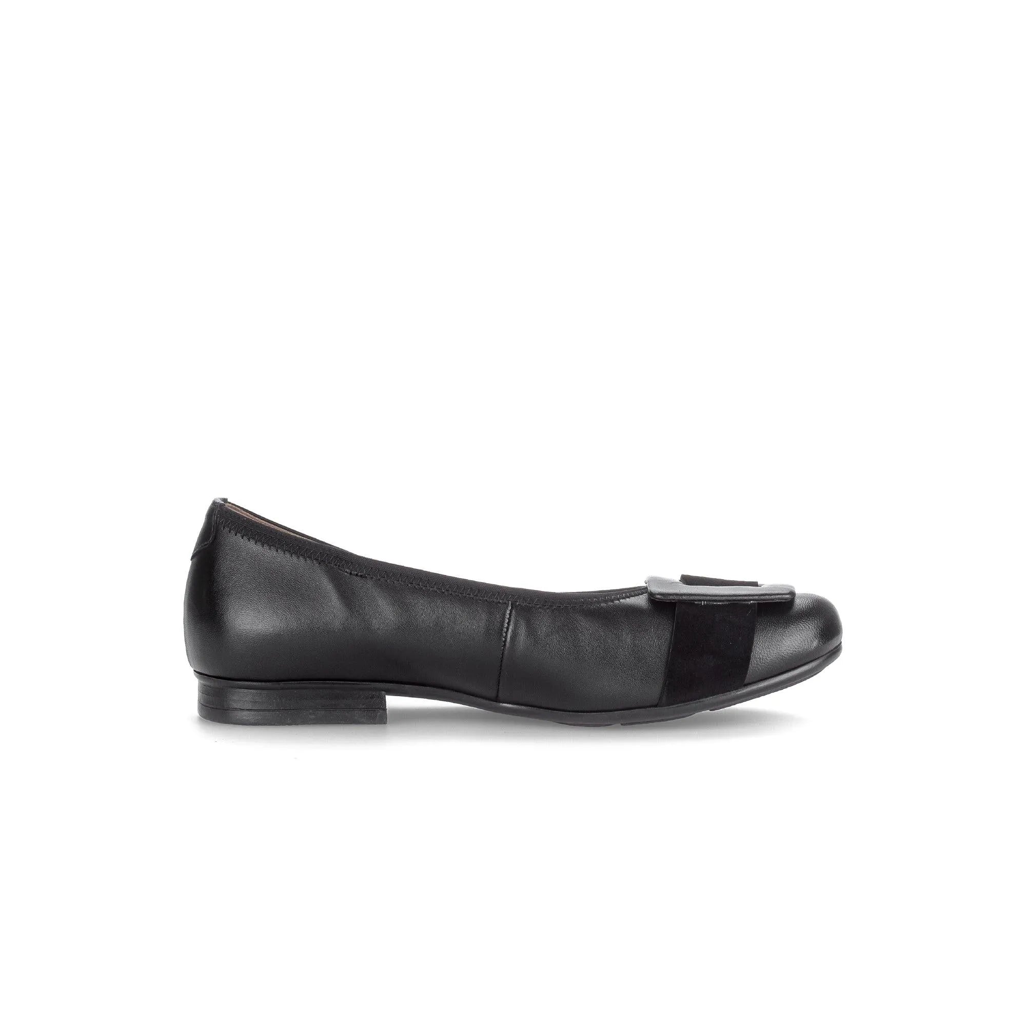 Gabor Paige women's black dimpled leather slip-on flats with bow detail and low heel.