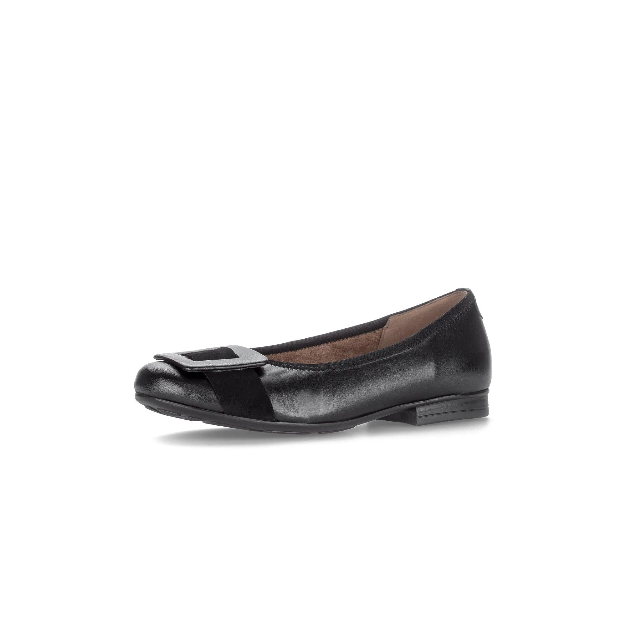 Gabor Paige women's black dimpled leather slip-on ballet flats with buckle detail and low heel.