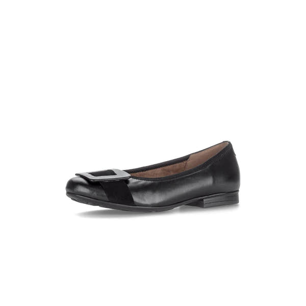 Gabor Paige women's black dimpled leather slip-on ballet flats with buckle detail and low heel.