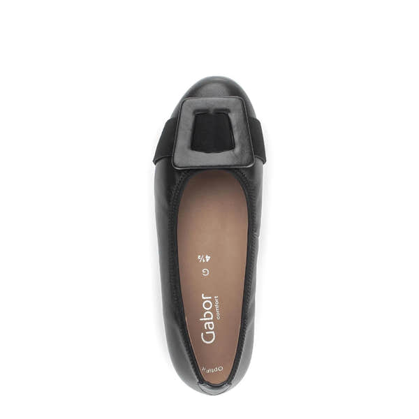 Gabor 72.463.57 Paige women's black dimpled leather slip-on shoe with square buckle detail.