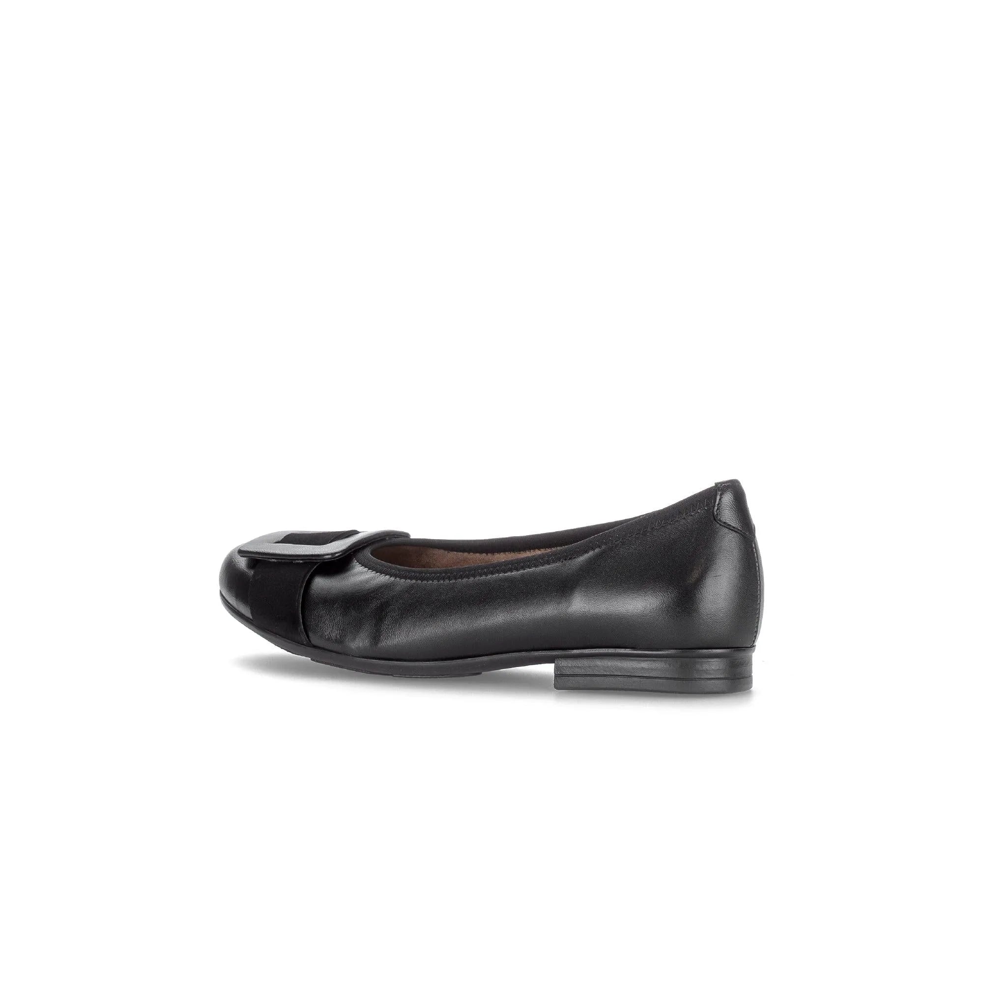 Gabor Paige women's black dimpled leather slip-on shoes with bow detail and low heel.