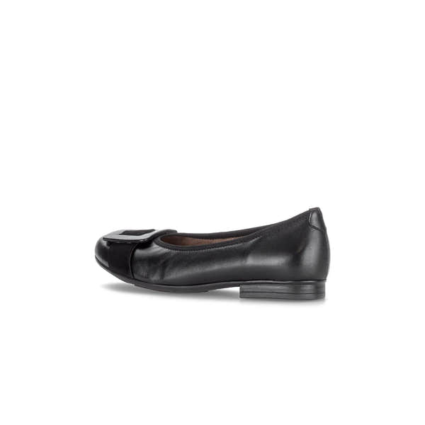 Gabor Paige women's black dimpled leather slip-on shoes with bow detail and low heel.