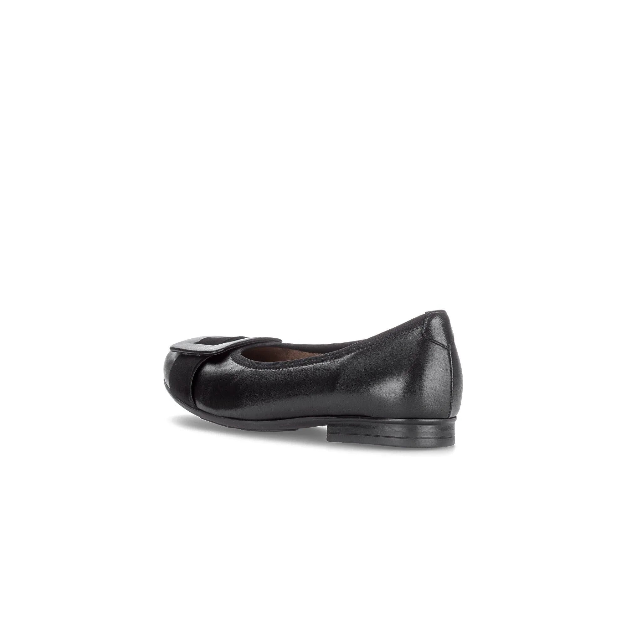 Gabor Paige women's black dimpled leather slip-on shoes with bow detail, low heel, and rounded toe.