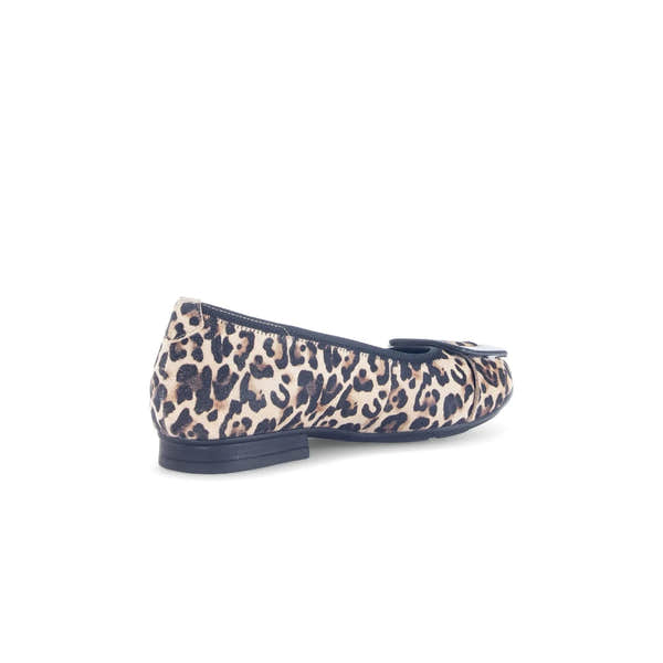 Gabor Paige women's leopard print suede slip-on shoes with black trim and low heel.