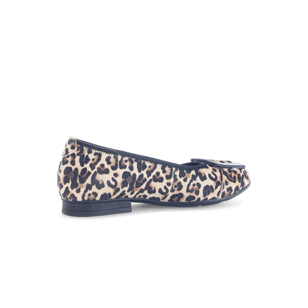 Gabor Paige leopard print suede slip-on shoes for women with black trim and low heel.