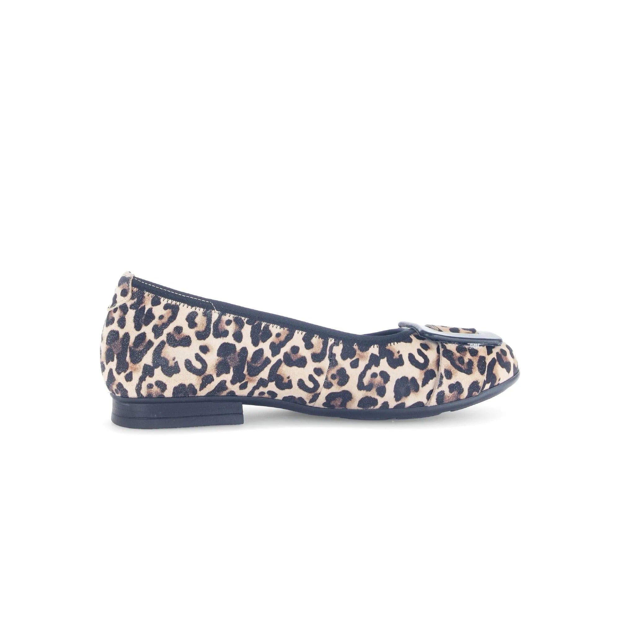 Gabor Paige women's leopard print suede slip-on ballet flat with bow detail and black sole.