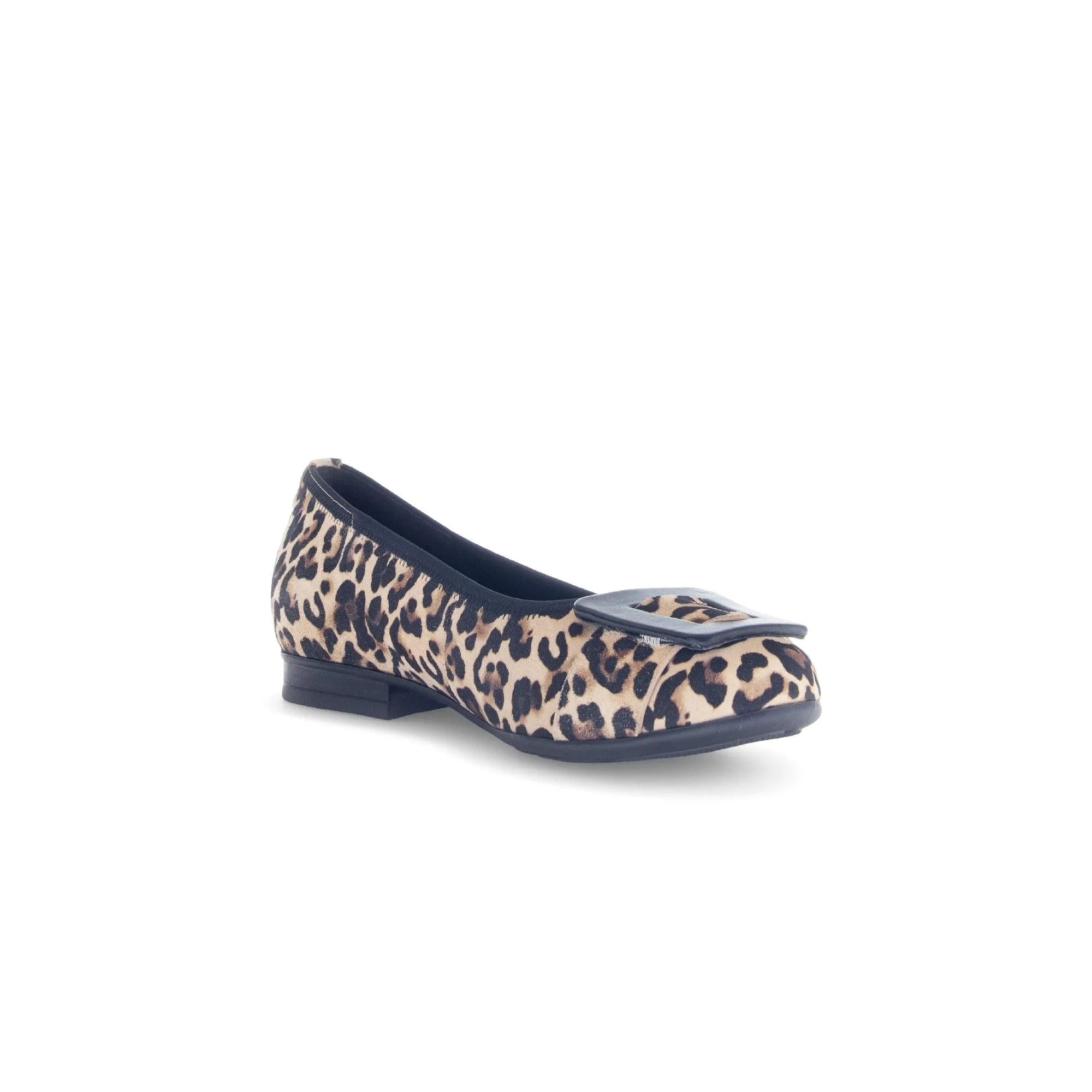 Gabor women's leopard print suede slip-on shoe with bow detail and low heel.