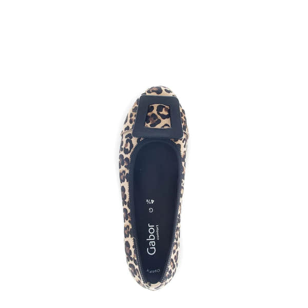 Leopard print suede slip-on shoe with decorative black buckle for women. Gabor Paige loafers, size 4.5/2.