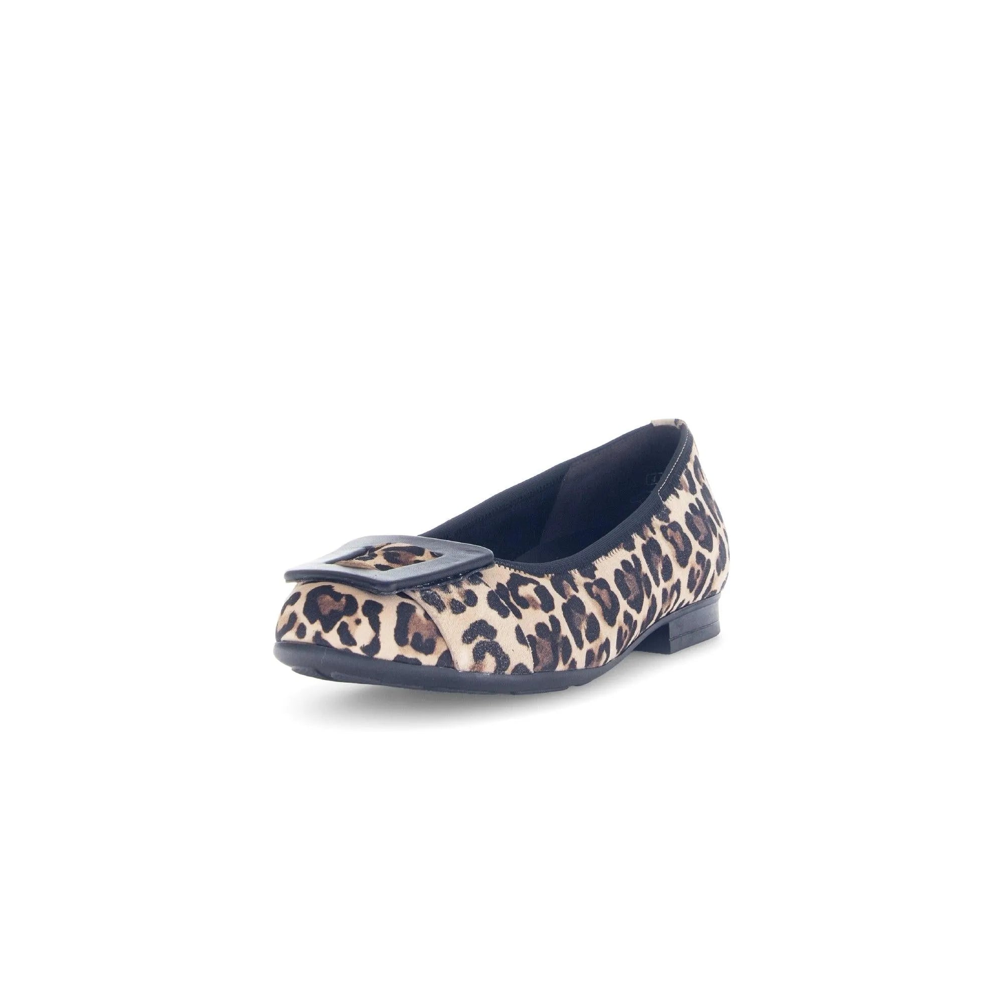 Gabor Paige women's slip-on shoes with leopard print suede and black buckle detail.