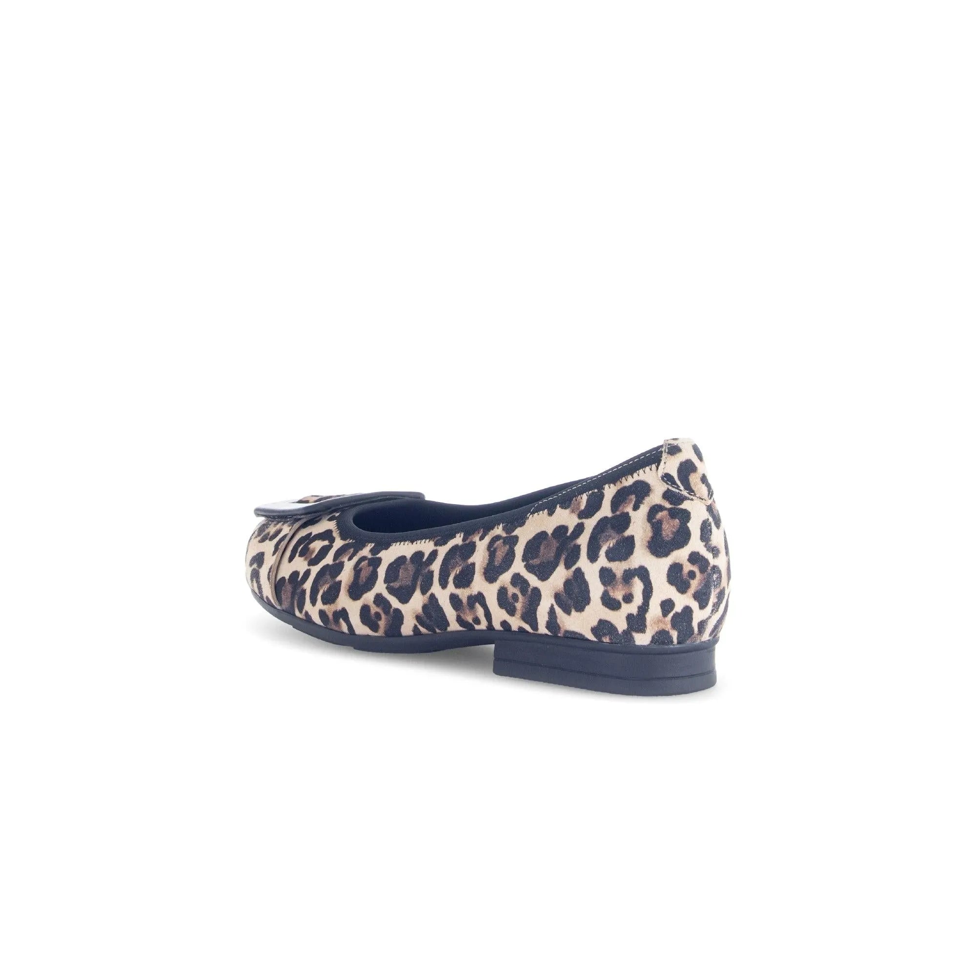 Gabor Paige Ladies Leopard Print Suede Slip-On Shoes with black sole, stylish animal pattern, and comfortable design.
