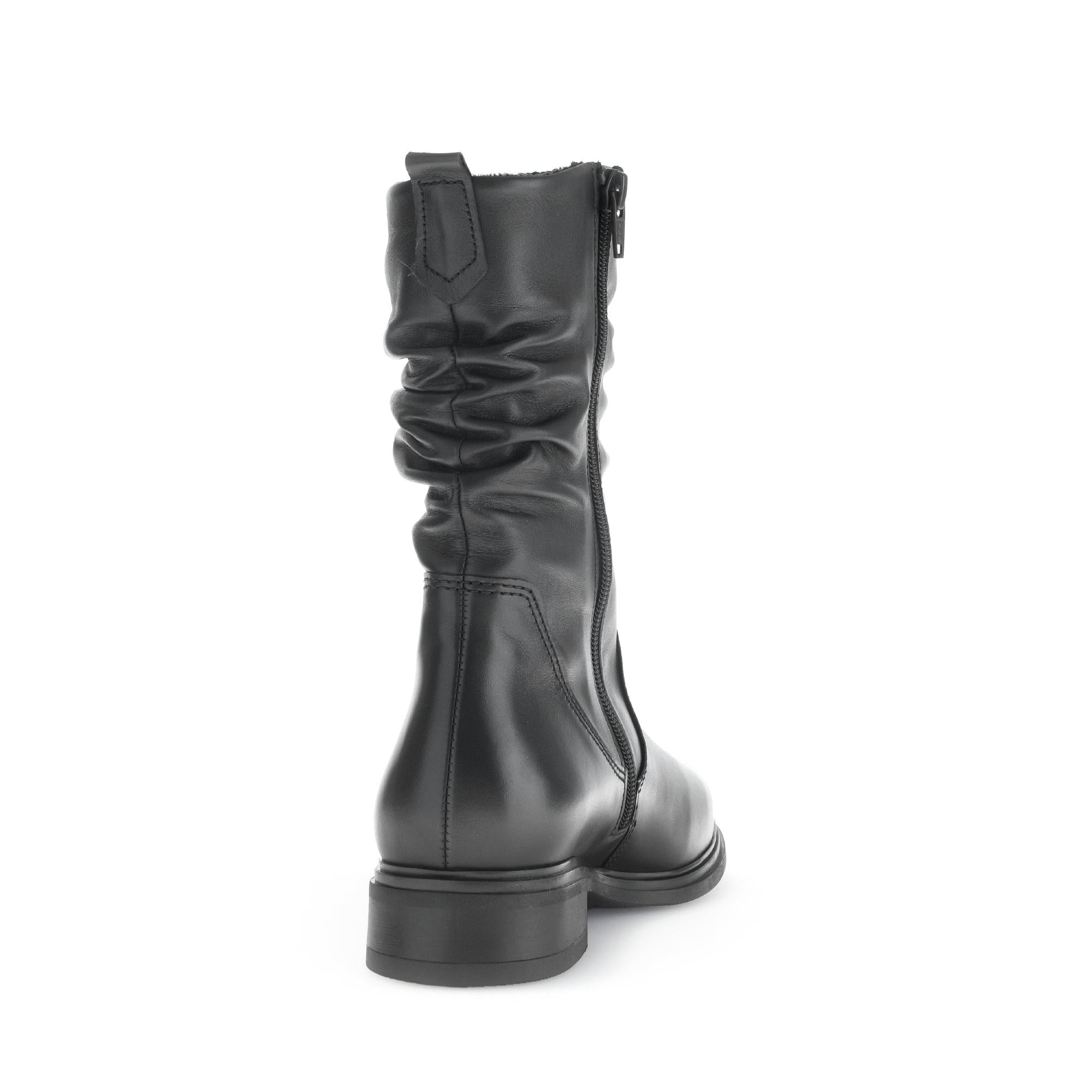 Gabor women's black waxed leather mid-calf boots with side zipper and low heel.