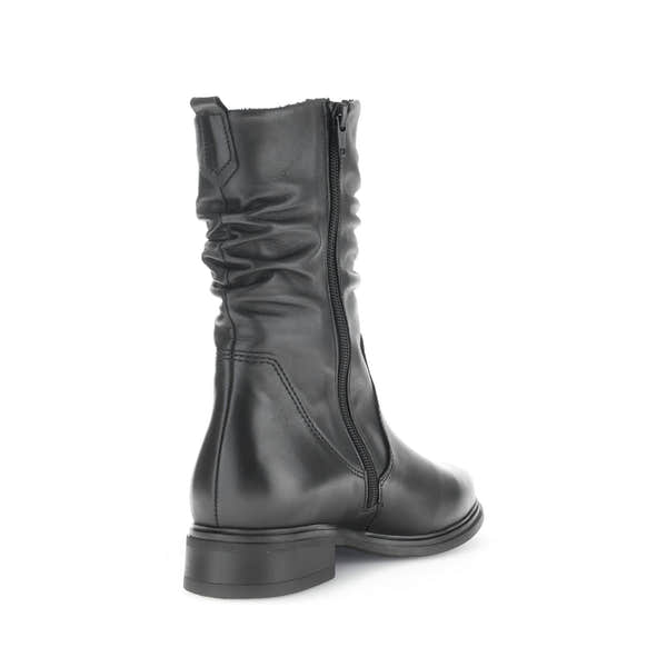 Gabor ladies black waxed leather mid-calf boots with side zipper and chunky heel.