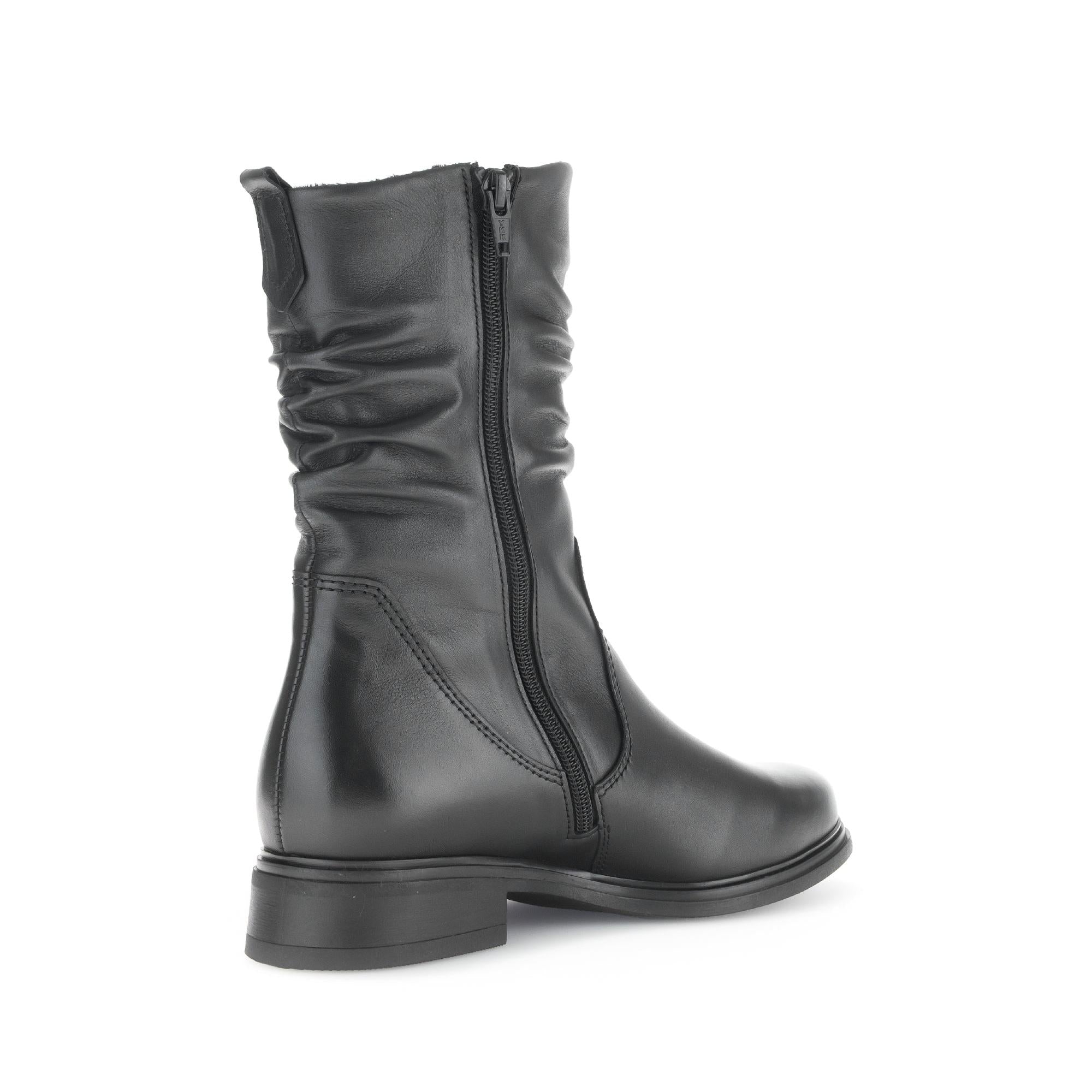 Women's black waxed leather mid-calf boots with side zipper, stylish design, and low chunky heel.