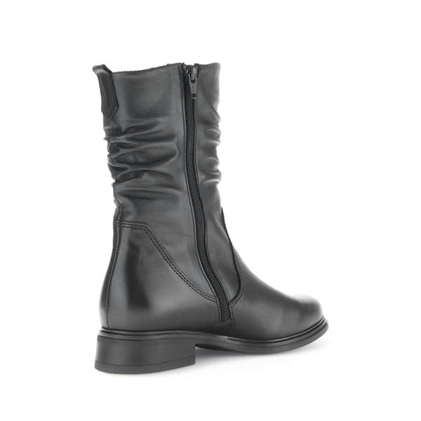 Women's black waxed leather mid-calf boots with side zipper, stylish design, and low chunky heel.