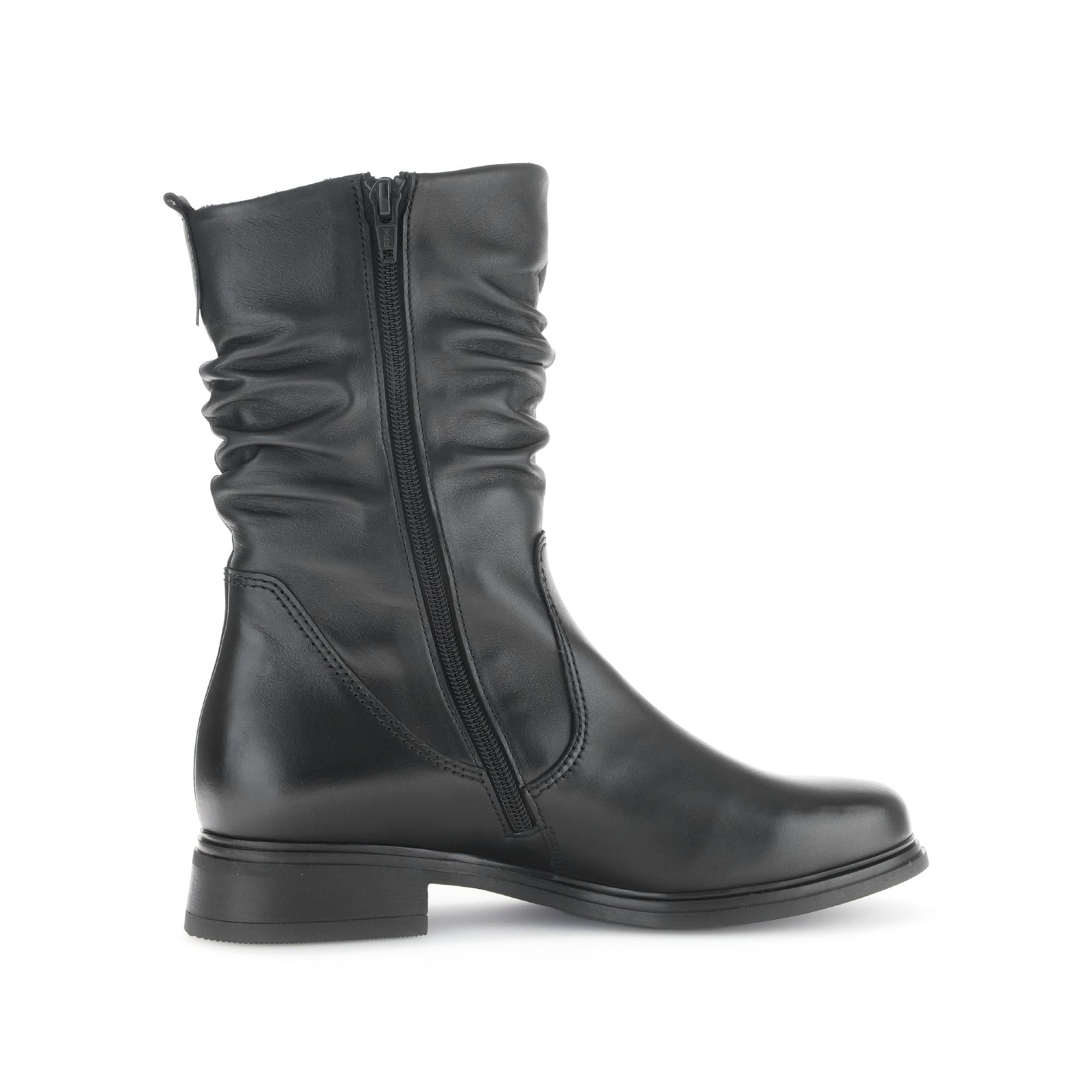 Gabor Ladies black waxed leather mid-calf boots with side zipper and low heel. Stylish, durable, women's footwear.