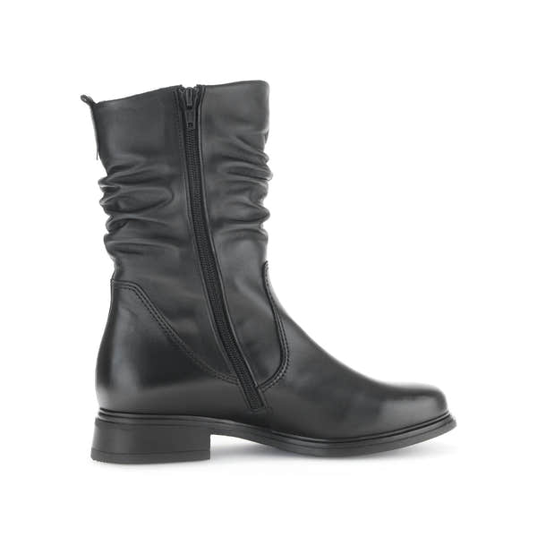 Gabor Ladies black waxed leather mid-calf boots with side zipper and low heel. Stylish, durable, women's footwear.