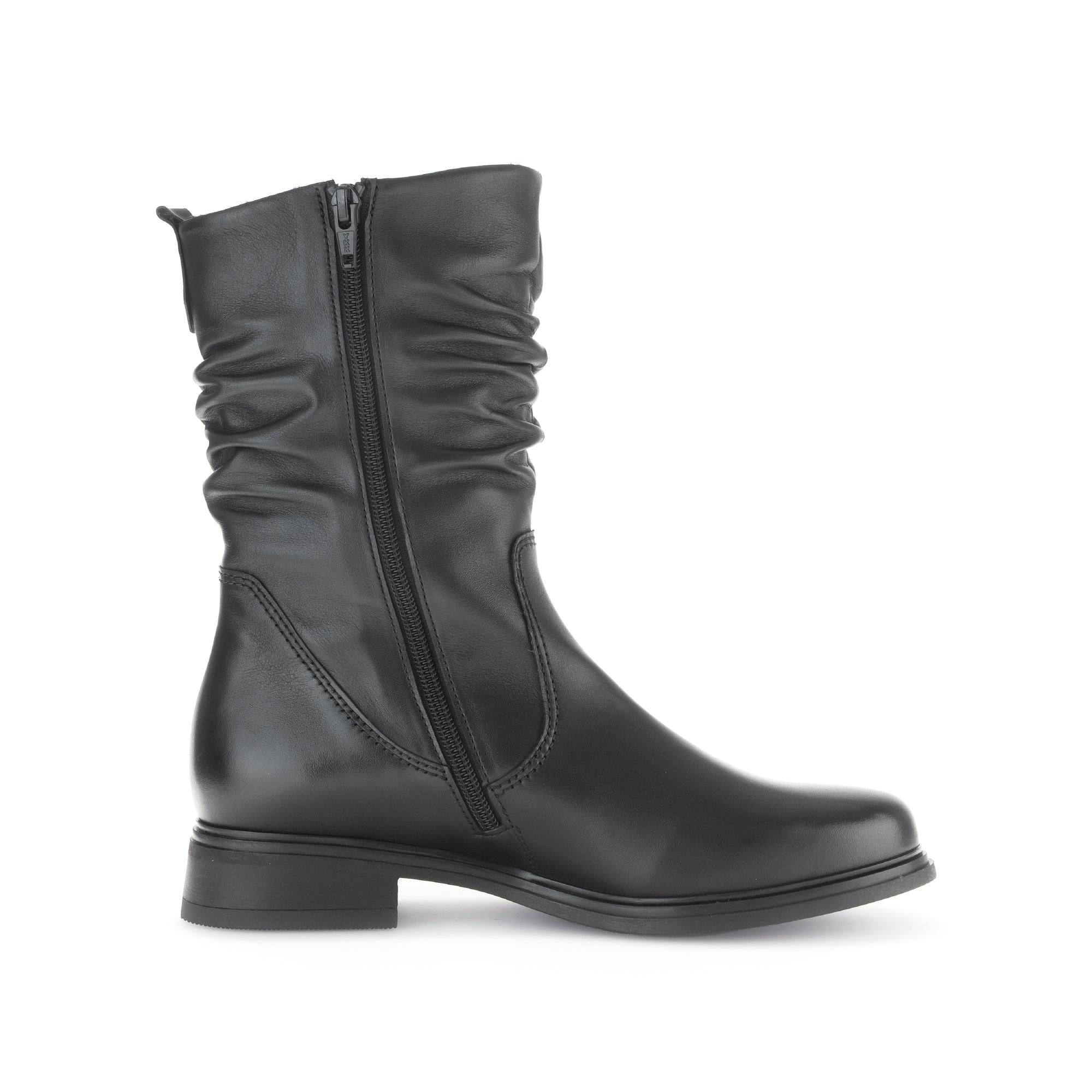 Gabor women's black waxed leather mid-calf boots with side zipper and low heel.