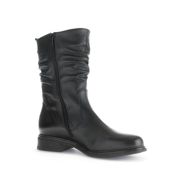 Gabor ladies black waxed leather mid-calf boots with side zipper and low block heel.