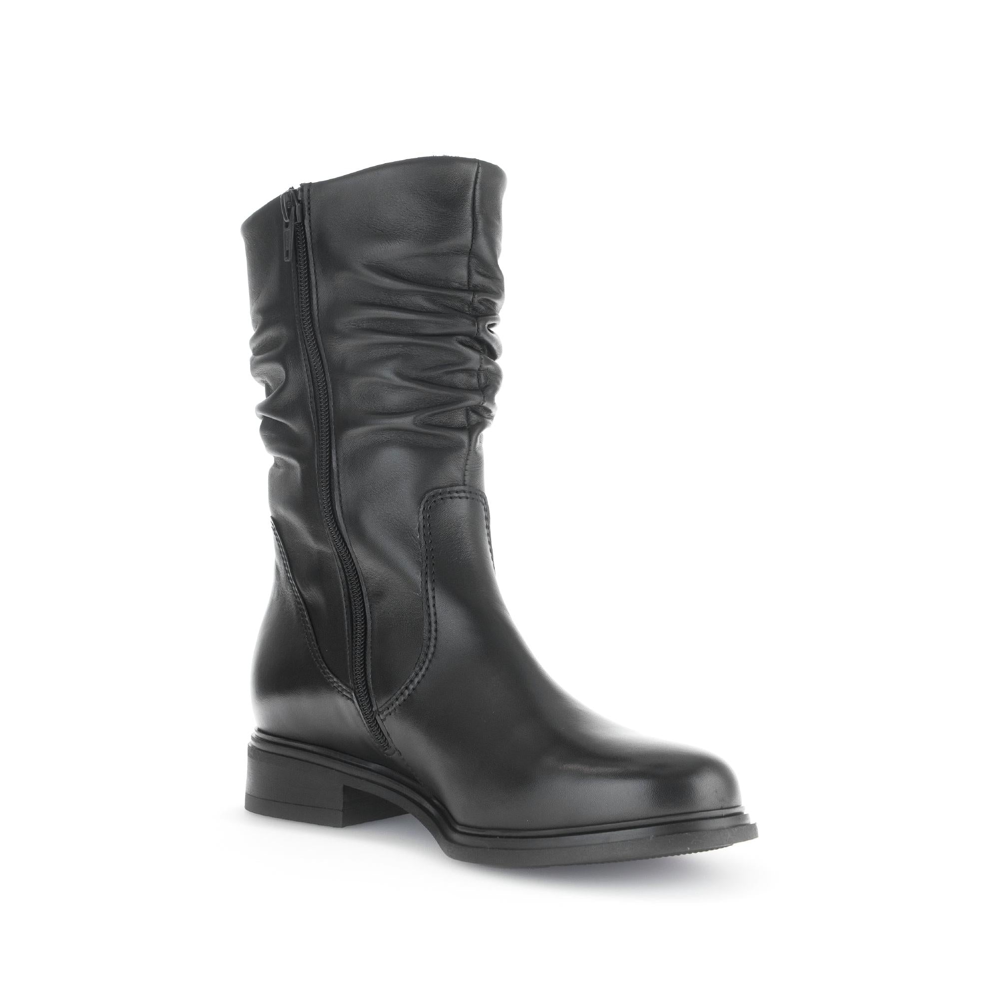 Gabor women's black waxed leather side-zip mid-calf boots with a low heel and ruched detailing.