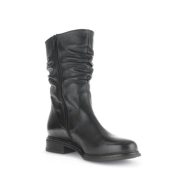 Gabor women's black waxed leather side-zip mid-calf boots with a low heel and ruched detailing.