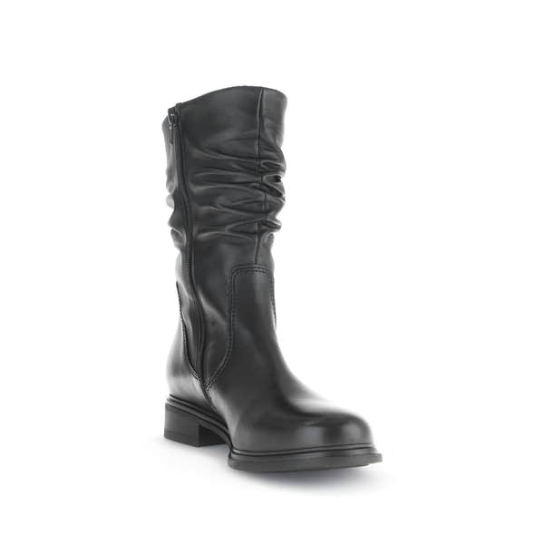 Gabor women's black waxed leather mid-calf boots with side zipper, low heel, and ruched design.