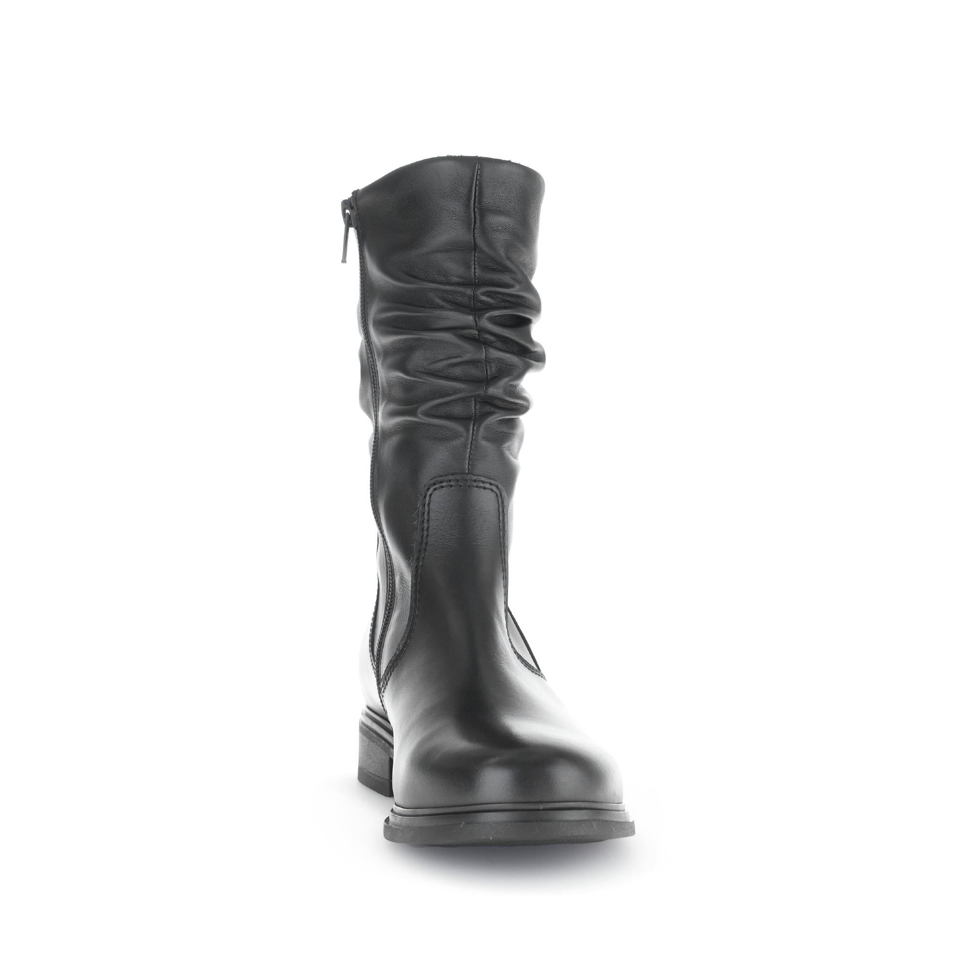 Ladies black waxed leather mid-calf boots with side zipper and slouch design. Stylish and durable footwear.