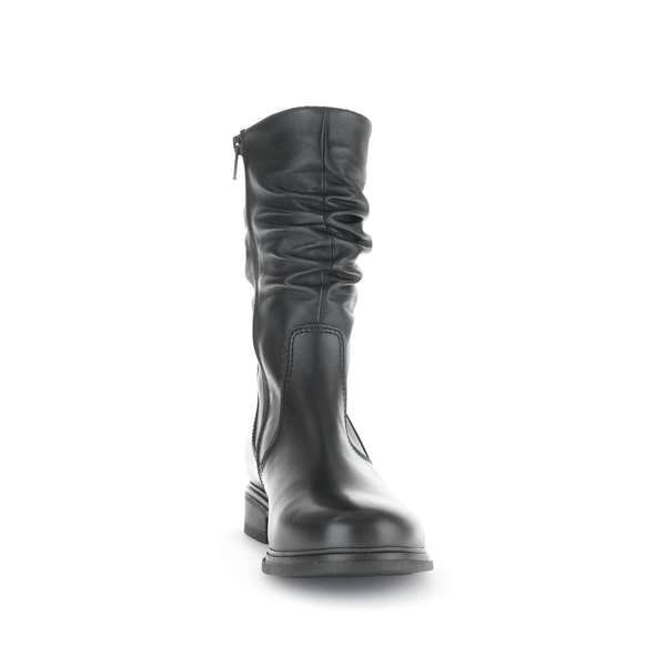 Ladies black waxed leather mid-calf boots with side zipper and slouch design. Stylish and durable footwear.