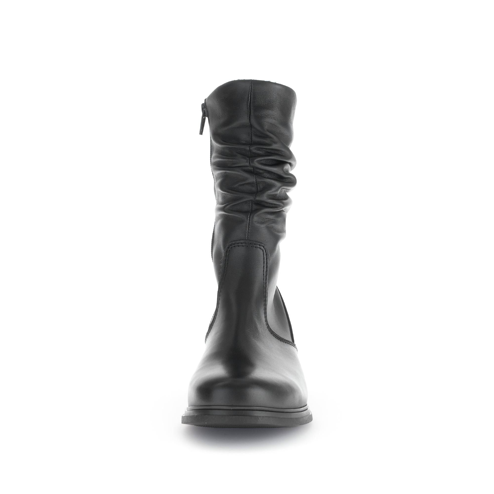 Gabor ladies' black waxed leather mid-calf boot with side zipper, featuring a slouched design and rugged sole.