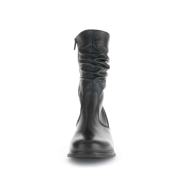Gabor ladies' black waxed leather mid-calf boot with side zipper, featuring a slouched design and rugged sole.