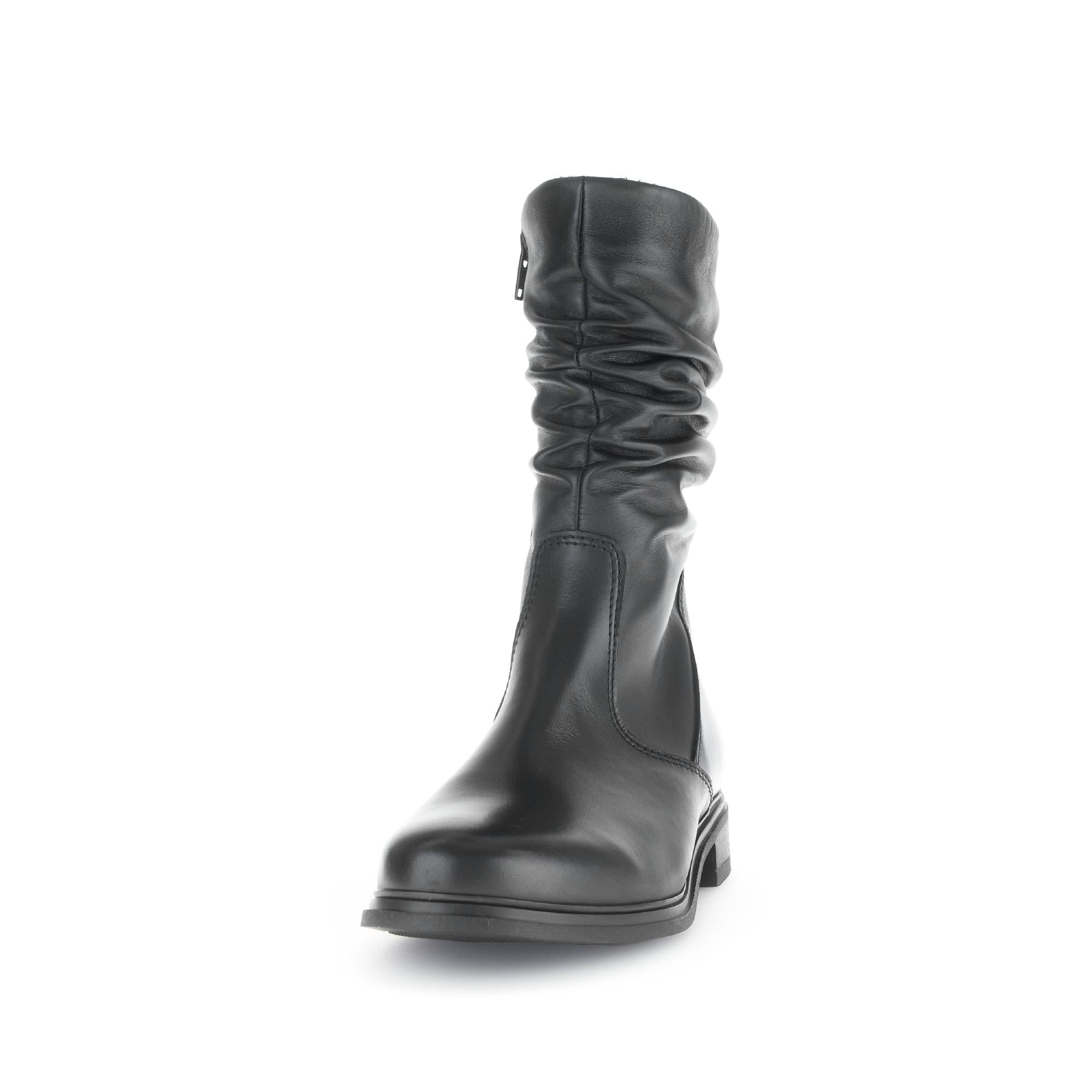 Gabor women's black waxed leather mid-calf boots with side zipper and chunky heel, stylish and versatile footwear.