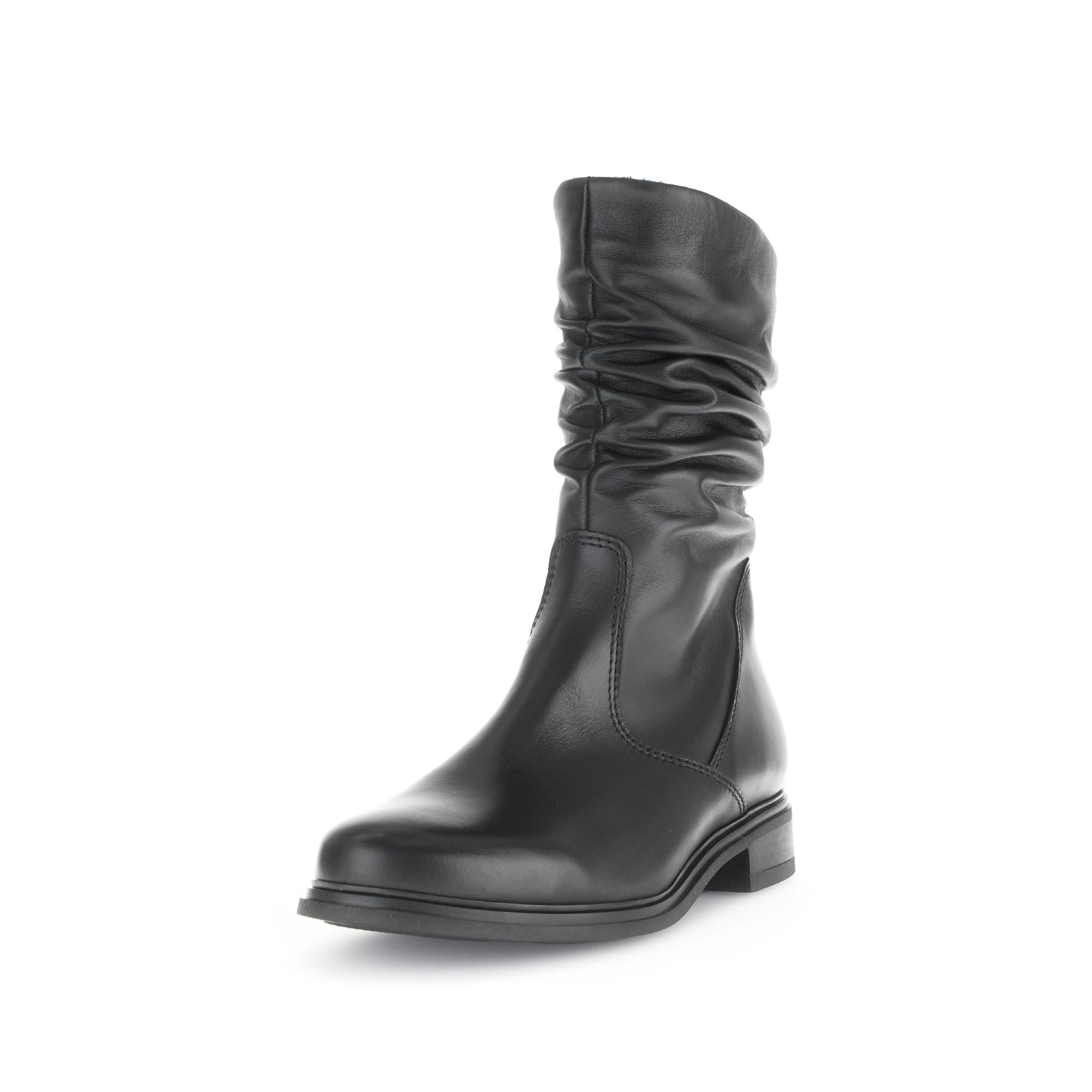 Gabor women's black waxed leather mid-calf boots with side zipper, slouched design, and low block heel.