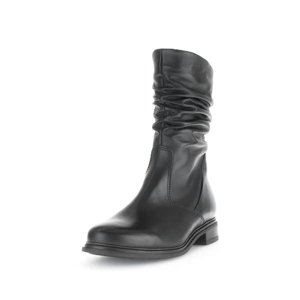 Gabor women's black waxed leather mid-calf boots with side zipper, slouched design, and low block heel.